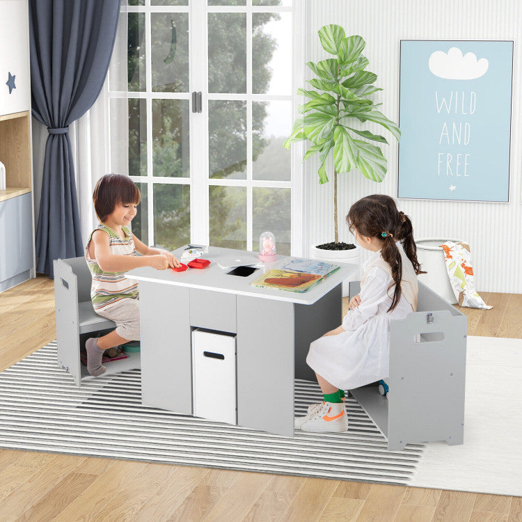 4-in-1 Kids Table and Chairs with Multiple Storage for Learning and Drawing