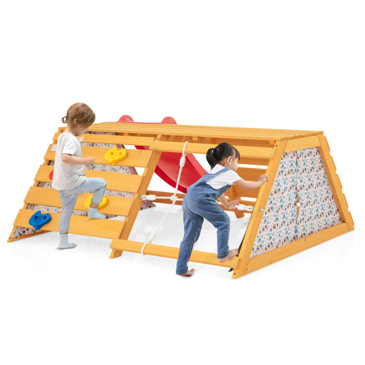 5-in-1 Jungle Gym Wooden Indoor Playground with Slide Rock Climbing Wall for Kids