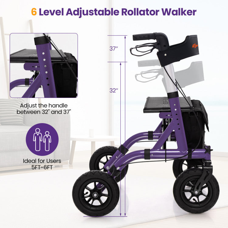 6-Level Adjustable Height Foldable Rolling Rollator Walker with Seat for Seniors