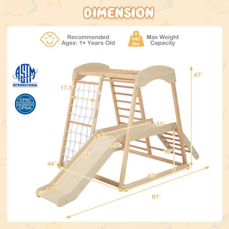 6-in-1 Indoor Jungle Gym Kids Wooden Playground Climbing Slide with Monkey Bars