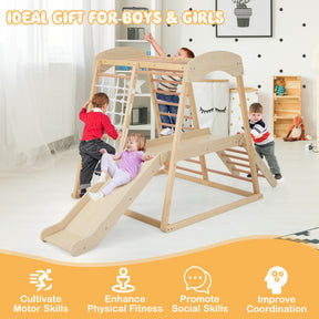 6-in-1 Indoor Jungle Gym Kids Wooden Playground Climbing Slide with Monkey Bars