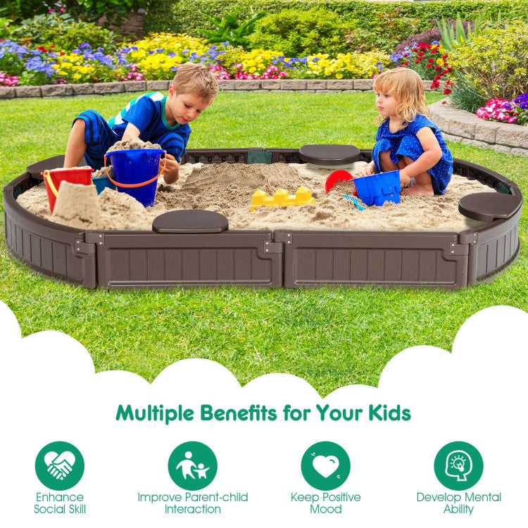 6 Feet Kids Oval Sandbox with Built-in Corner Seat and Dust-proof Cover for Outdoor