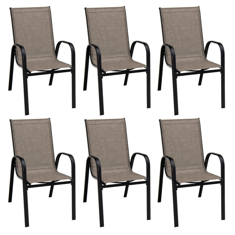 6 Pieces Patio Stackable Dining Chairs with Curved Armrests and Breathable Fabric