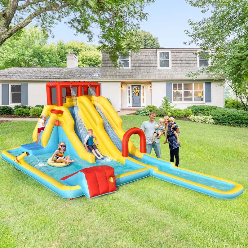 7-in-1 Double Long Slide Inflatable Water Park with 750W Blower