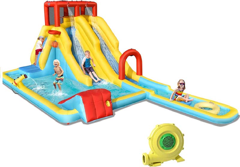 7-in-1 Double Long Slide Inflatable Water Park with 750W Blower