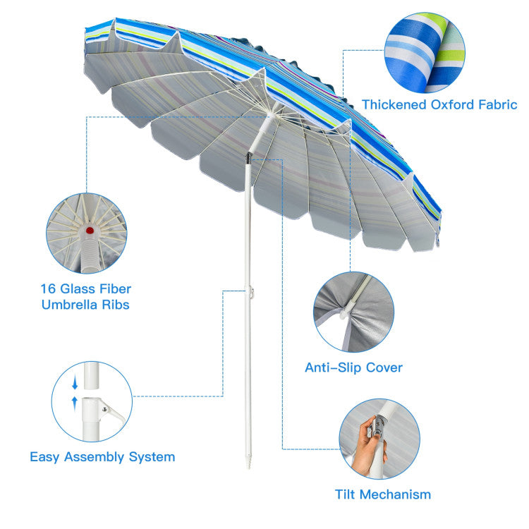 8 Feet Portable Beach Umbrella with Tilt Mechanism for Outdoor Camping Picnic