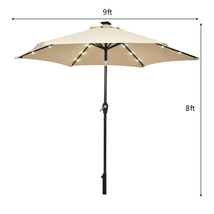 9 Feet Solar LED Lighted Patio Market Umbrella with Adjustment Crank