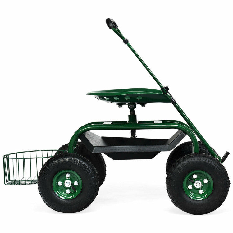 Adjustable Height 360 Swivel Seat Garden Cart with Tool Tray and Removable Basket