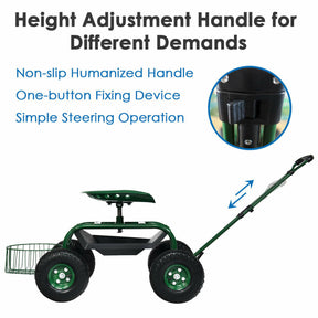 Adjustable Height 360 Swivel Seat Garden Cart with Tool Tray and Removable Basket