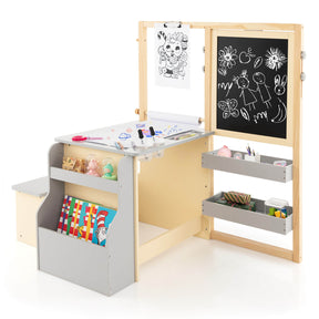 Adjustable Height Kids Art Center Wooden Table Bench Set with Cup holders and Pen Slot