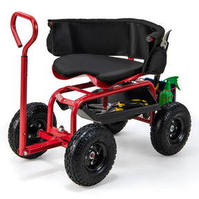 Adjustable Height Rolling Garden Cart Scooter with Storage Basket and Tool Pouch