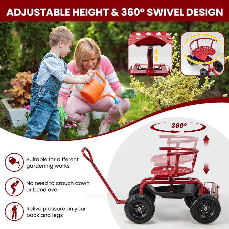 Adjustable Height Rolling Garden Cart Scooter with Storage Basket and Tool Pouch