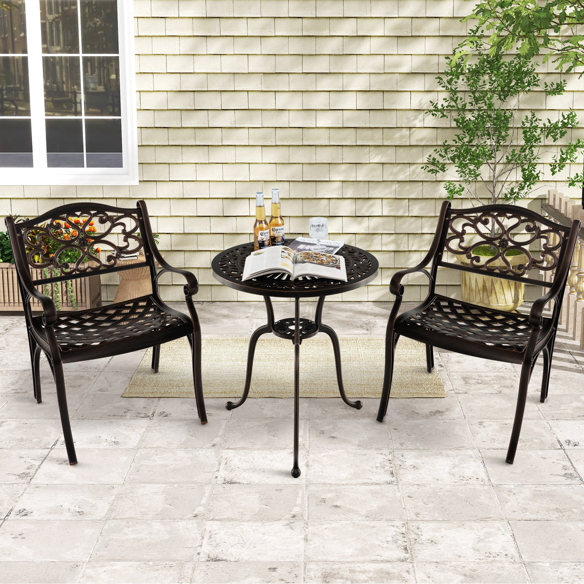 Cast Aluminum  Patio Dining Chairs Set of 2 with Armrests Flower Pattern