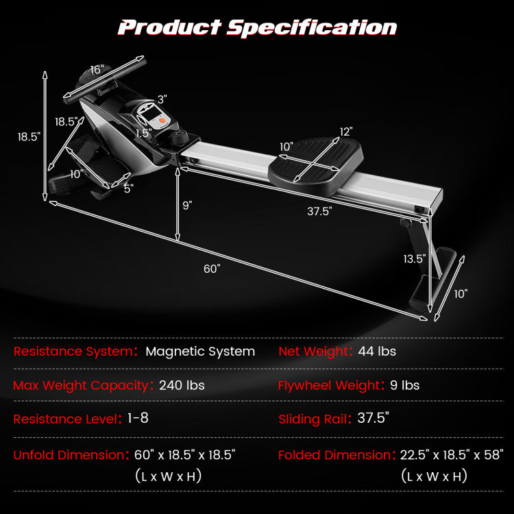 Folding Magnetic Rowing Machine with Adjustable Oxygen Resistance and LCD Display