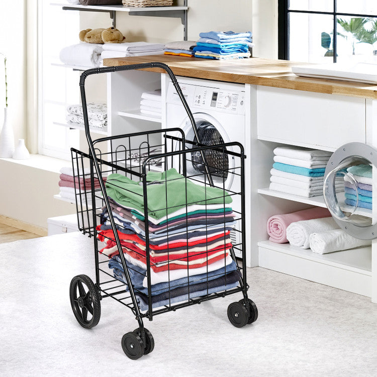 Folding Shopping Cart with Swiveling Wheels and Storage Baskets