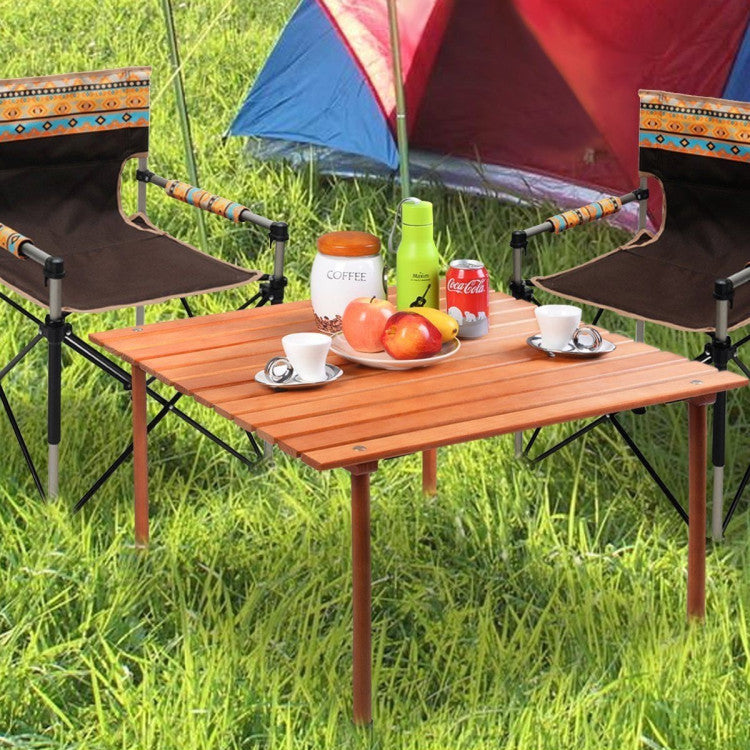 Folding Wooden Roll Up Table with Carrying Bag for Picnics, Camping and Beach