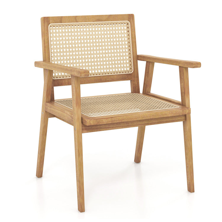 Indonesia Teak Wood Chair with Natural Rattan Seat for Outdoor Backyard Porch Balcony