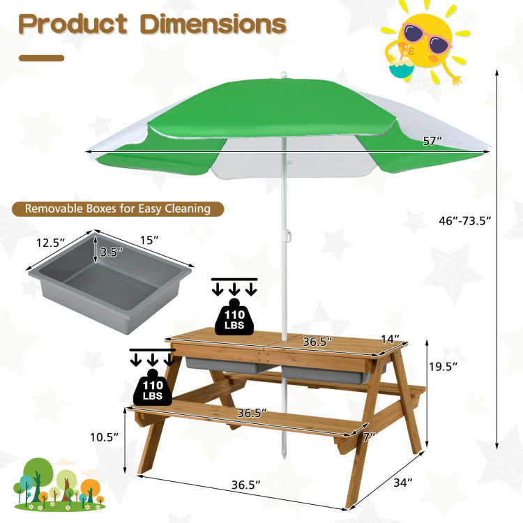 Kids Outdoor Picnic Water Sand Table Bench Set with Umbrella and Play Boxes