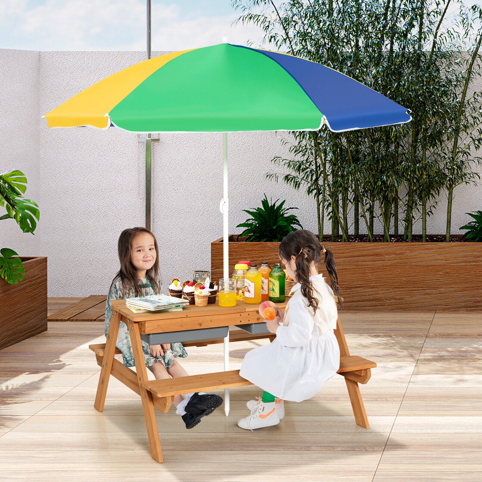Kids Outdoor Picnic Water Sand Table Bench Set with Umbrella and Play Boxes