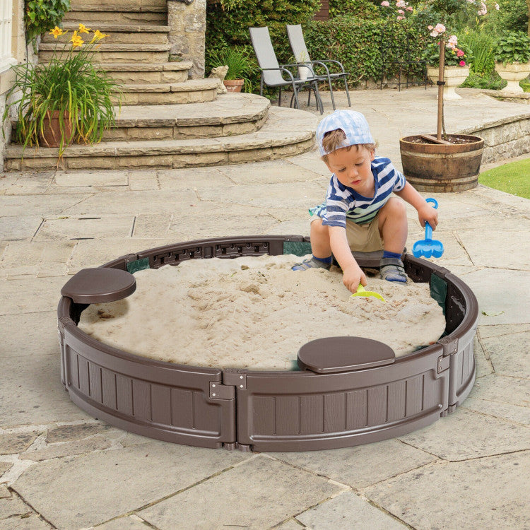 Kids Outdoor Sandbox with Built-in Corner Seat and Cover for Park and Beach