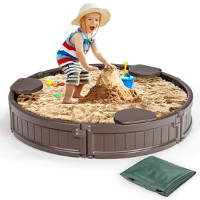 Kids Outdoor Sandbox with Built-in Corner Seat and Cover for Park and Beach