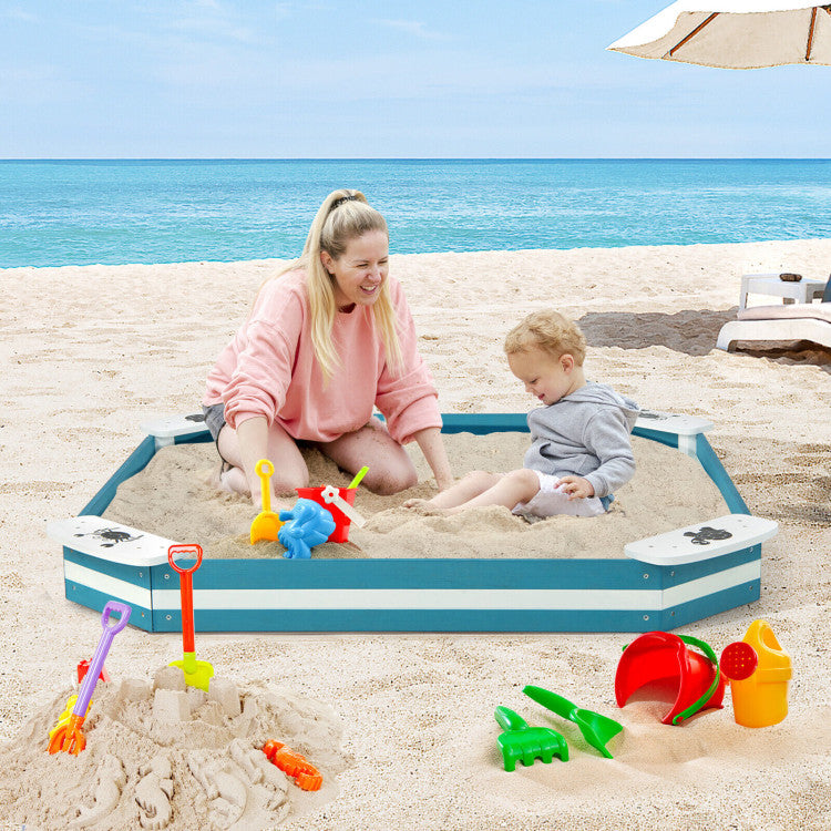 Kids Outdoor Solid Wood Sandbox with 4 Built-in Animal Patterns Seats for 3+ Year