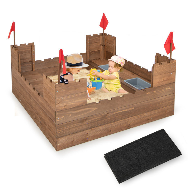 Kids Red Flags Wooden Sandbox with Seat and Storage for Outdoor & Indoor