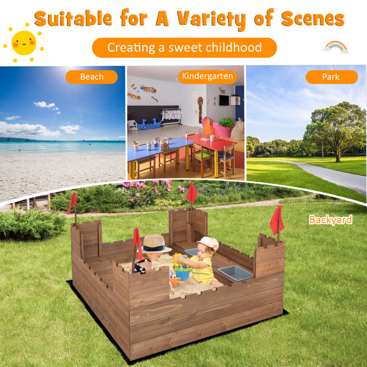 Kids Red Flags Wooden Sandbox with Seat and Storage for Outdoor & Indoor