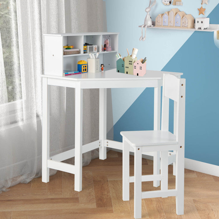 Kids Studying Writing Wooden Corner Desk Chair Set with Storage Cabinet