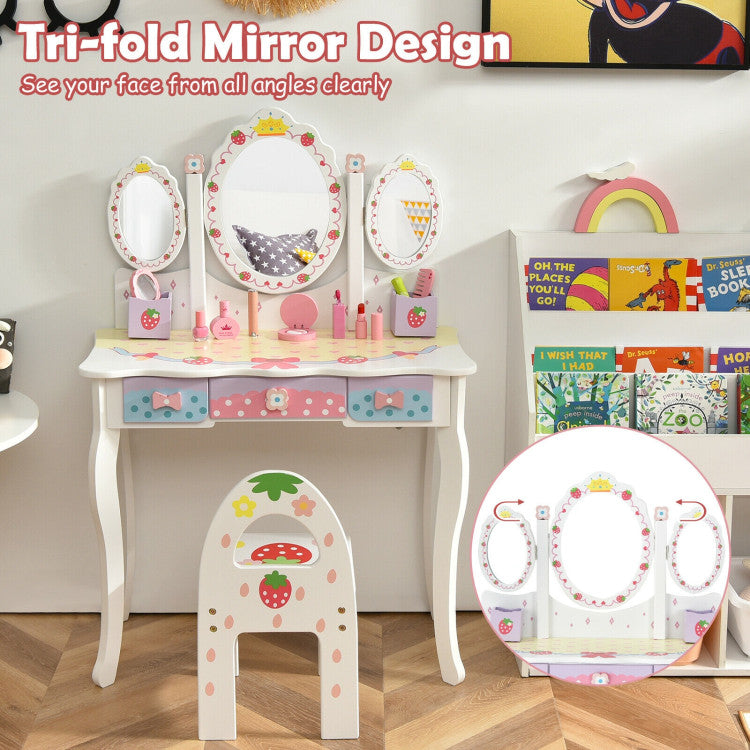 Kids Vanity Princess Makeup Dressing Table Chair Set with Tri-fold Mirror and Drawers