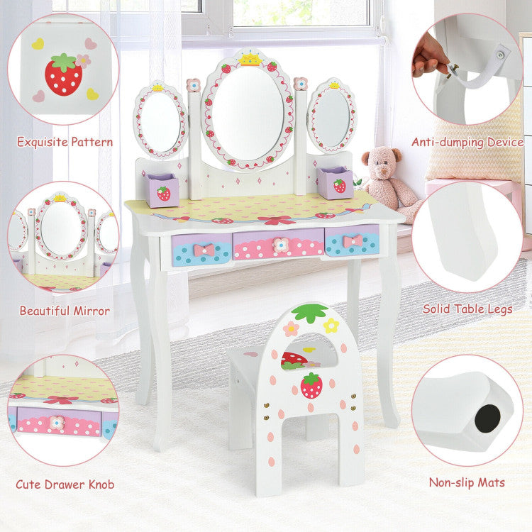Kids Vanity Princess Makeup Dressing Table Chair Set with Tri-fold Mirror and Drawers