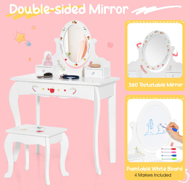 Kids Vanity Stool Set with 360° Rotatable Mirror and Whiteboard