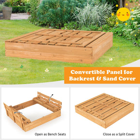 Kids Wooden Sandbox with 2 Foldable Bench Seats and Convertible Cover
