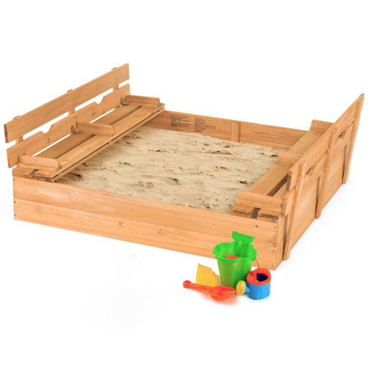 Kids Wooden Sandbox with 2 Foldable Bench Seats and Convertible Cover