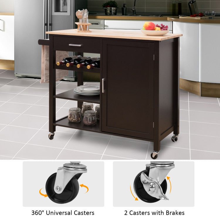 Kitchen Island Cart Rolling Wooden Trolley with 360-degree Rotating Wheels