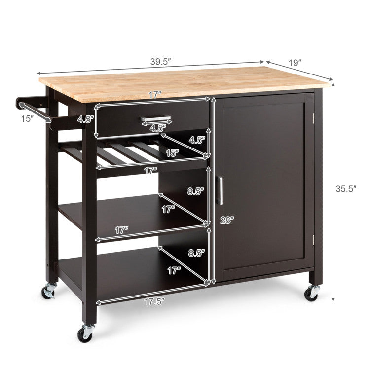 Kitchen Island Cart Rolling Wooden Trolley with 360-degree Rotating Wheels