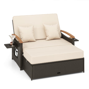 Adjustable Backrest Outdoor Wicker loveseat Daybed with Cushions and Storage Ottoman