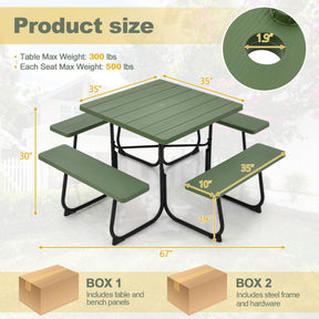 Outdoor Picnic 8-Person Table Benches Set with Umbrella Hole for Beach and Garden