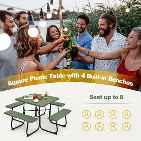 Outdoor Picnic 8-Person Table Benches Set with Umbrella Hole for Beach and Garden
