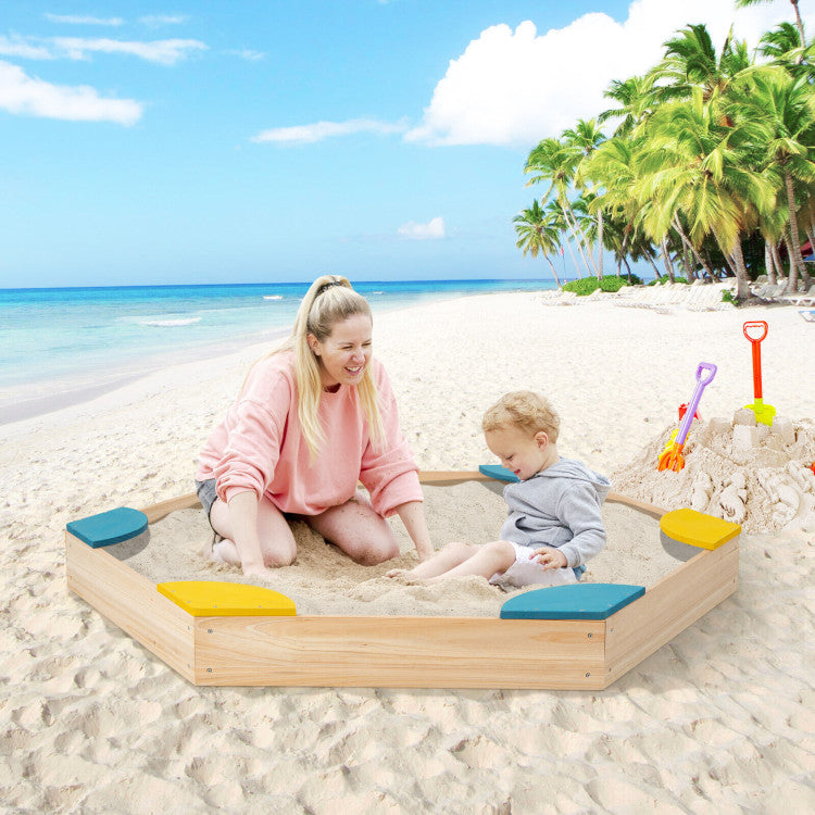 Outdoor Solid Wood Sandbox with 6 Built-in Fan-shaped Seats for 3+ Year Kids