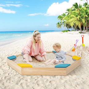 Outdoor Solid Wood Sandbox with 6 Built-in Fan-shaped Seats for 3+ Year Kids