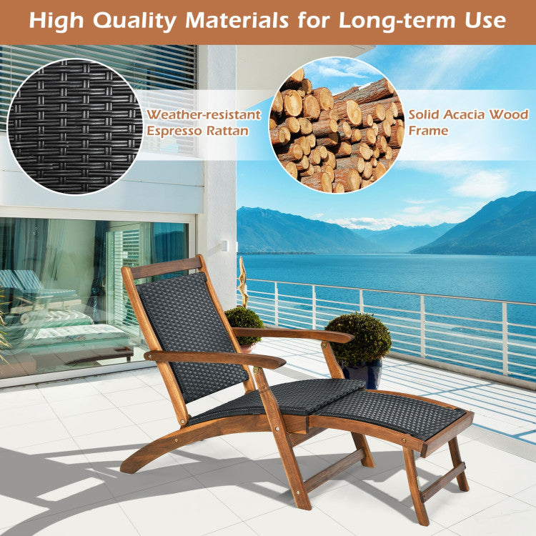 Patio Rattan Folding Lounge Chair for Outside with Retractable Footrest