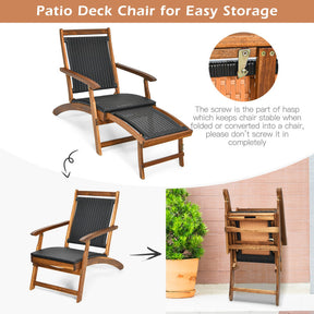 Patio Rattan Folding Lounge Chair for Outside with Retractable Footrest