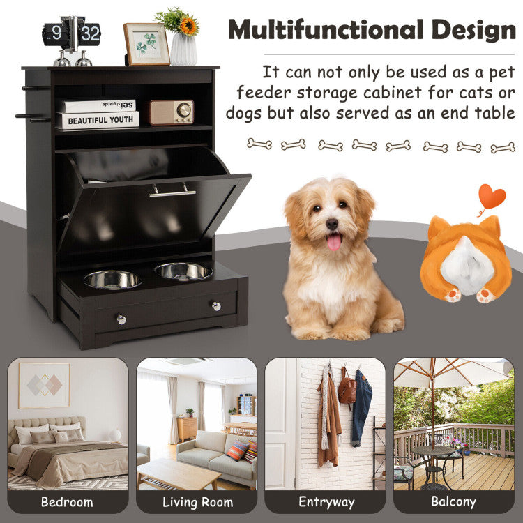 Pet Feeder Station with Stainless Steel Bowl and Hidden Food Container