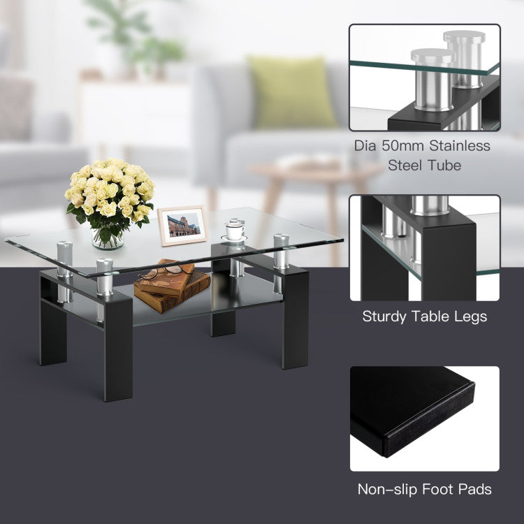 Hikidspace Rectangle Glass Coffee Table with Lower Shelf for Living Room & Office