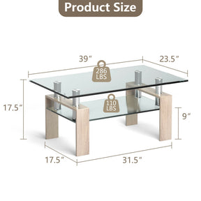 Hikidspace Rectangle Glass Coffee Table with Lower Shelf for Living Room & Office