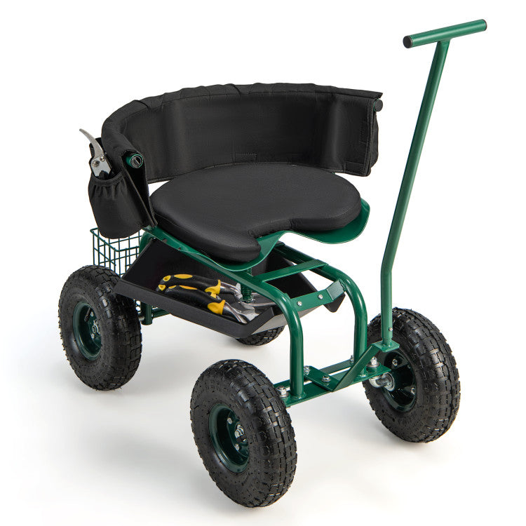 Rolling 360° Swivel Seat Garden Cart with Height Adjustable and Storage Basket