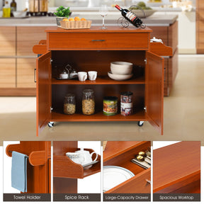 Rolling Kitchen Island Cart with  with Lockable Wheels and Spice Rack