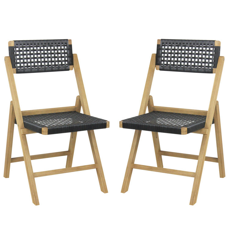 Set of 2 Folding Chairs Indonesia Teak Wood Dining Chairs with Woven Rope for Patio Garden