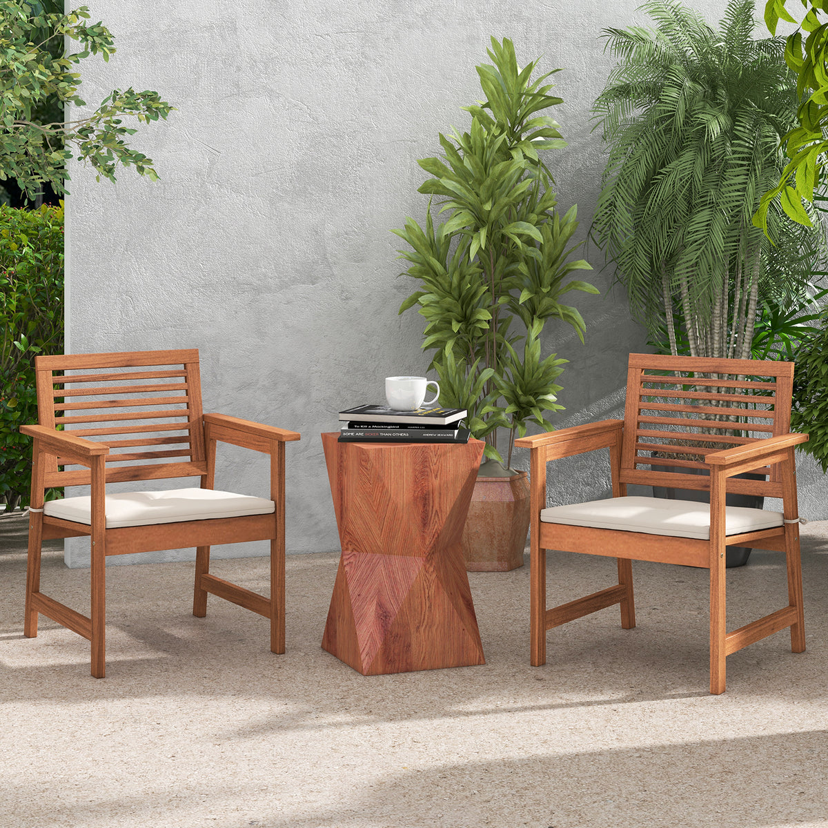 Set of 2 Patio Solid Wood Dining Chairs with Cushions and Slatted Seat